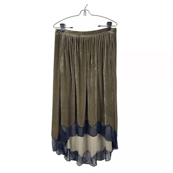 Zadig & Voltaire Joslin Velvet Midi Skirt Brown Green High Low Lace Trim Sz 36/S - Picture 3 of 16